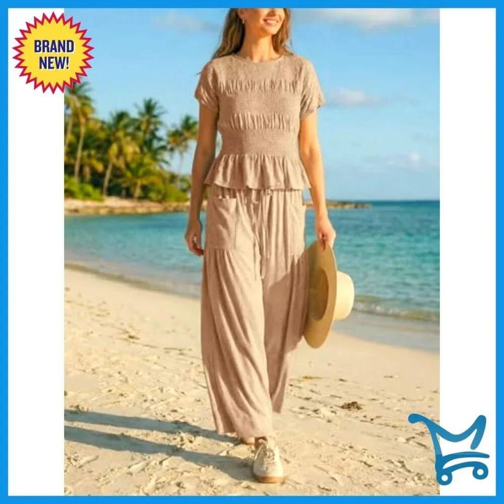 Smocked Top Wide Leg Pants Set High Waisted Lounge Outfit with Pockets